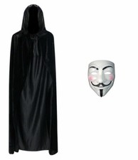 Anonymous V For Vendetta Guy Halloween Fancy Dress Face WHITE Mask + Hooded Cape