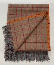 PURE WOOL Fringed Throw/Blanket/UK WOVEN.Orange/Grey, Red/Cerise Over Check.
