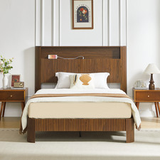 Bed Frame W Storage Headboard Built In Charging Station Wavy Curved Lines Design