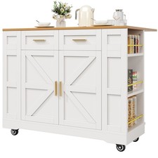 ROLLING KITCHEN ISLAND WITH DROP LEAF TOP, 2 STORAGE DRAWERS & SPICE RACK, WHITE