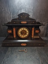 Antique French Black Slate Mantel Clock Marble Inlay + Key & Pendulum