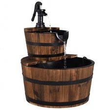 Outdoor Water Fountain Wooden Barrel Pump Rustic Vintage Garden Patio Decoration