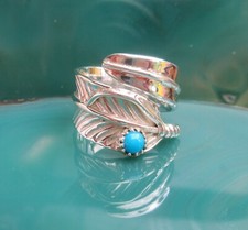 Ω Ring Curved Feather Turquoise Sacred Stone D Indian Silver 925 Size 17.8