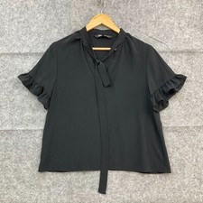 Zara Blouse Top Womens M Medium Black Short Sleeve Pussybow V-Neck 28706