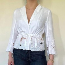 Vintage Rene Derhy pure linen lace trimmed white tie front shirt