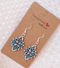 Hand Beaded Diamond Drop Earrings In Turquoise And Silver. 925 Silver Earwires