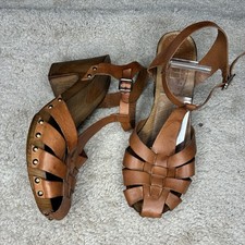 TOPSHOP Brown Leather Wooden Heel Clog Platform Close Toe Sandal Size 42 10.5-11