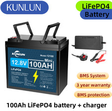 KUNLUN 12V 100Ah LiFePO4 Lithium Battery Solar RV Marine BMS with UK charger