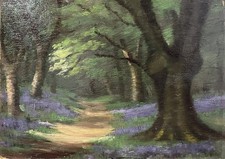 ANTIQUE OIL PAINTING British Impressionist Landscape BLUEBELLS IN THE WOODS 1920
