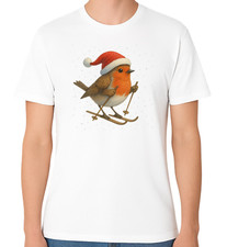 Robin Skiing Santa Hat Unisex T-Shirt Merry Xmas Men Ladies Top Christmas Tee