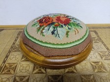 Vintage Circular Wooden Floral Embroidered Tapestry Footstool Footrest