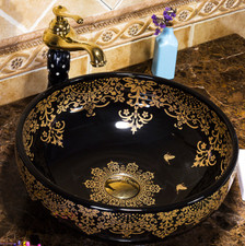 Vintage Black Gold Floral Pattern Bathroom Ceramic Counter Top Wash Basin Sink 