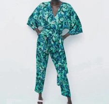 Zara Green/blue Floral V Neck Belted Jumpsuit Size M Used Couple Times