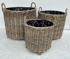 Rattan Wicker Round Planter Basket Lined Outdoor Garden Patio Pot Grey & Buff