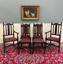 Antique English Dining Chairs (6) Burgundy Leather Barley Twist Oak c. 1930s