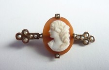 Gold? Victorian? carved shell cameo seed pearl bar brooch, left facing
