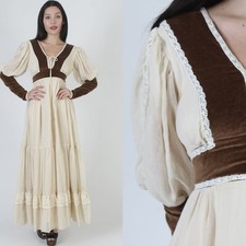 Vintage 70's Gunne Sax' Cream and Brown Long Sleeve Peasant Dress Size 11
