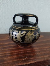 BLACK 24 K GOLD  Greek Ceramic 3 HANDLED URN