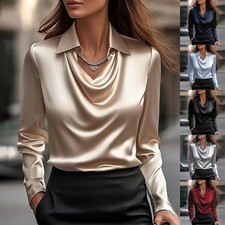 Ladies Satin Silk Tee Shirts OL Work Lapel V Neck Pullover Blouse Tops SIZE 6~20