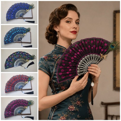 Peacock feather folding fan - peacock,