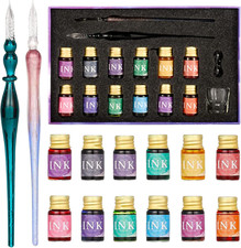 Glass Dip Pen Set 16Pcs Crystal Ink Pen Set with 2 Glass Pens, 12 X 7Ml Colorful