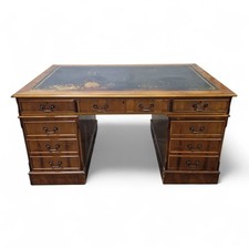 Kneehole writing desk - antique style 8 drawer pedestal desk green leather top