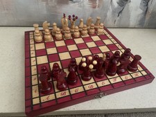 Vintage Art Deco Cherry Red Wooden Chess Set Foldable Board Handmade Travel Set