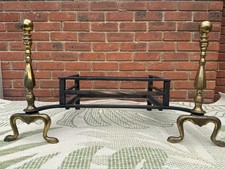 Orante Cast Iron Fire Basket With Brass Style Andirons Firedogs 16.5cm Tall GC