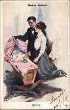 Victorian Mother and Father Baby Wooden Cradle c1910 French Postcard