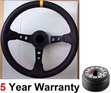 LEATHER DRIFT 3 SPOKE 350MM STEERING WHEEL FIT FORD CAPRI MK1 MK2  ESCORT BLACK