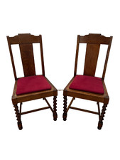Antique Side Chairs set of Two Barley Twist Legs, Tiger Oak Back, Red Felt seat