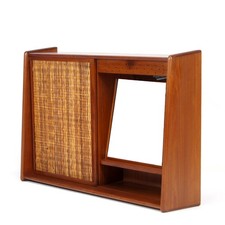 Retro Vintage Danish Teak Cane Wall Hung Bathroom Cabinet Mirror Mid Century 60s