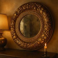 Vintage Baroque Gold Round Mirror 28" Ornate Fruit Frame Aged Glass