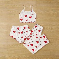 3Piece Ladies Pajama Set featuring Casual Strap Shorts and Love Printed Pants