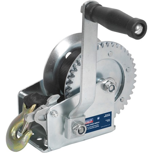 Geared hand winch with - geared, webbing