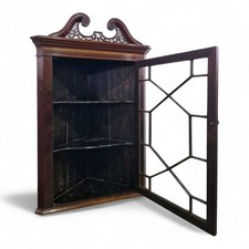 Victorian wall display cabinet - antique glazed inlaid mahogany corner cupboard