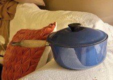 Vintage Le Creuset 20cm Cast Iron Saucepan Pan Blue Wooden Handle
