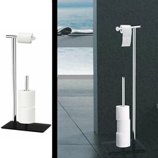 Free Standing Toilet Roll Holder Tempered Glass Black Base Bath Chrome Dispenser