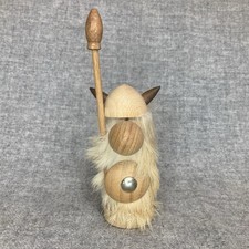 VTG Viking Gonk Figurine Danish Modern Teak Wood White Fur Beard Sword Shield 5”