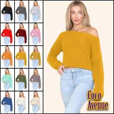 Ladies Knitted Crop Jumper Slash Neck Off Shoulder Oversized Long Sleeve Sweater