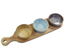 3 STONEWARE SNACK NIBBLE TAPAS BOWLS DISHES ON CONTEMPORARY WOODEN PADDLE TRAY