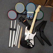 xbox 360 Rock Band Game + Wired Drum Kit + Fender Guitar TESTED & WORKING PAL UK