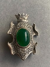 Vintage Silver Tone Shield Brooch Green Crown Crest Pin Heraldic
