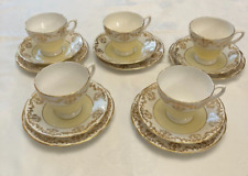 VINTAGE ROYAL SUTHERLAND GOLD/YELLOW FINE BONE CHINA 5x CUPS/SAUCERS/SIDE PLATES
