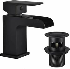 Bathroom Modern Waterfall Black Basin Sink Mono Square Mixer Tap Filler Waste