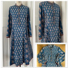 RETRO EAST ARTISAN WITH ANOKHI BLUE & RED BLOCK PRINT COTTON GAUZE KURTA DRESS L