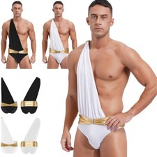 UK Mens One Shoulder Jumpsuit Roman Greek Toga Costume Bodysuit Fancy Dress Up
