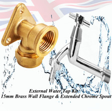 External Water Tap Kit: 15mm Brass Wall Flange & Extended Chrome Spout