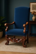 Jacobean Revival Library Throne Chair – 18thC Style Blue Velvet