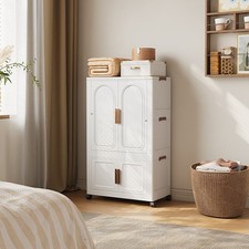 2 Tiers Baby Wardrobe w/Hanging Rod, Wheeled Plastic Clothes Storage Cabinet